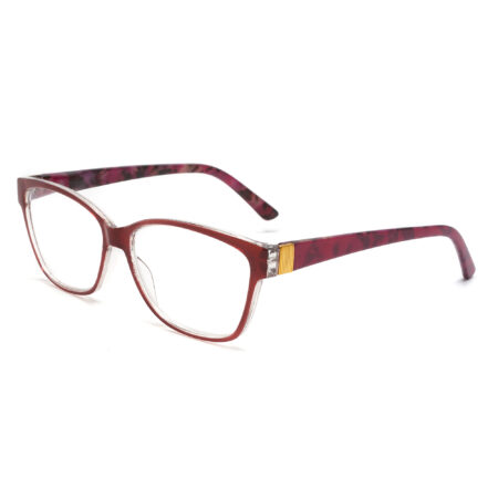 Burgundy cat-eye eyeglass frames for women with patterned temples and gold accents - Model R576S